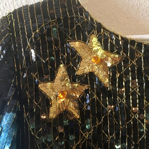 VTG 80s Black Sequins Dress Maxi Dress Gold Stars Blue Pink Lightning Bolt Sz 6 - Picture 4 of 16